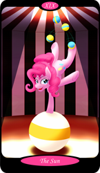 Size: 1500x2591 | Tagged: safe, artist:sixes&sevens, part of a set, pinkie pie, earth pony, pony, g4, balancing, ball, circus, circus tent, female, handstand, juggling, major arcana, solo, spotlight, tarot card, the sun, upside down