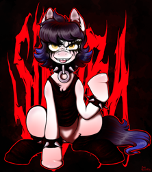 Size: 1720x1936 | Tagged: safe, artist:moon meister, oc, oc only, oc:sindra, earth pony, pony, black metal, clothes, collar, corpse paint, metal, solo, spiked collar, spiked wristband, tank top, wristband