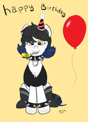 Size: 2500x3456 | Tagged: safe, artist:mrcelroy, oc, oc only, oc:sindra, pony, balloon, clothes, collar, hat, high res, party hat, party horn, socks, solo, spiked collar, spiked wristband, wristband