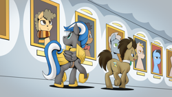 Size: 2560x1440 | Tagged: safe, artist:mysticalpha, doctor whooves, time turner, oc, oc:cloud zapper, earth pony, pegasus, pony, g4, armor, clothes, doctor who, fourth doctor, fourth doctor's scarf, implied regeneration, male, painting, pegasus oc, royal guard, royal guard armor, royal guard oc, scarf, stallion, striped scarf, the doctor