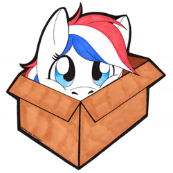 Size: 1757x1757 | Tagged: safe, artist:reskell492, oc, oc only, oc:britannia (uk ponycon), pony, uk ponycon, box, looking at you, mascot, pony in a box, simple background, solo, white background