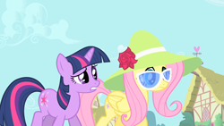 Size: 1280x720 | Tagged: safe, screencap, fluttershy, twilight sparkle, pegasus, pony, unicorn, g4, green isn't your color, duo, female, hat, mare, sunglasses, unicorn twilight