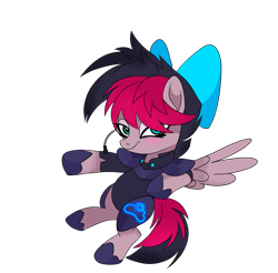 Size: 1386x1366 | Tagged: safe, artist:greensdc, oc, oc only, oc:thunder sea, pegasus, pony, armor, bedroom eyes, blushing, bodysuit, bow, clothes, female, flying, hair bow, headset, hoof shoes, mare, raised hoof, simple background, solo, transparent background