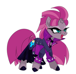 Size: 1386x1366 | Tagged: safe, artist:greensdc, oc, oc only, oc:terara, pony, unicorn, armor, broken horn, choker, clothes, corset, female, horn, jacket, leather jacket, mare, open mouth, scar, simple background, skirt, solo, transparent background, unshorn fetlocks