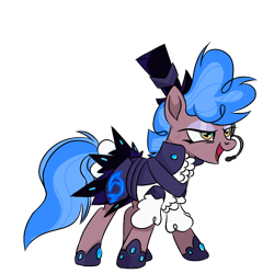 Size: 768x768 | Tagged: safe, artist:greensdc, oc, oc only, oc:shadow sapphire, earth pony, pony, armor, clothes, dress, eyeshadow, female, hat, headset, hoof shoes, makeup, mare, open mouth, scar, shirt, simple background, skirt, solo, top hat, transparent background