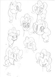 Size: 2520x3506 | Tagged: safe, artist:ace play, pinkie pie, earth pony, pony, g4, :p, dilated pupils, grin, high res, monochrome, one eye closed, party horn, sketch, sketch dump, smiling, solo, tired, tongue out, traditional art, wink