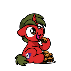 Size: 500x500 | Tagged: safe, artist:sugar morning, part of a set, oc, oc only, oc:duskinito, pony, unicorn, g4, animated, burger, cheeseburger, chibi, commission, cute, eating, food, frame by frame, gif, hamburger, male, meat, ponies eating meat, simple background, sitting, solo, stallion, sugar morning's snacc and drincc, transparent background, ych result