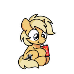 Size: 500x500 | Tagged: safe, artist:sugar morning, part of a set, oc, oc only, oc:sunlight bolt, pony, unicorn, g4, animated, bepis, can, chibi, commission, cute, drinking, frame by frame, gif, male, simple background, sitting, solo, stallion, sugar morning's snacc and drincc, transparent background, ych result