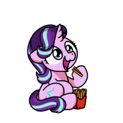 Size: 500x500 | Tagged: safe, artist:sugar morning, part of a set, starlight glimmer, pony, unicorn, animated, chibi, cute, daaaaaaaaaaaw, eating, female, food, frame by frame, french fries, gif, glimmerbetes, herbivore, hoof hold, mare, nom, simple background, sitting, solo, sugar morning's snacc and drincc, this will end in weight gain, transparent background