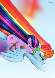 Size: 2480x3507 | Tagged: safe, artist:twidasher, rainbow dash, twilight sparkle, pegasus, pony, unicorn, g4, blue background, duo, eyes closed, fanfic art, female, flying, grin, high res, horn, horn ring, lesbian, magic suppression, ponies riding ponies, rainbow trail, riding, ring, saddle, ship:twidash, shipping, signature, simple background, sky, smiling, sonic rainboom, tack, twilight riding rainbow dash, unicorn twilight