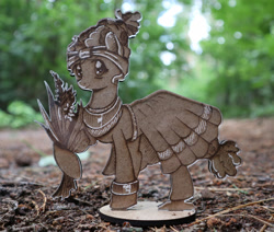 Size: 1024x868 | Tagged: safe, artist:themisto97, meadowbrook, earth pony, pony, g4, acrylic plastic, bangles, clothes, craft, dress, engraving, female, flower, forest, forest background, headband, jewelry, lasercut, mare, meadowcute, necklace, photo, smiling, solo, wood