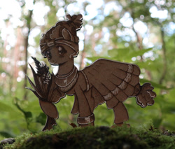 Size: 1024x874 | Tagged: safe, artist:themisto97, meadowbrook, earth pony, pony, g4, acrylic plastic, bangles, clothes, craft, dress, engraving, female, flower, forest, forest background, headband, jewelry, lasercut, mare, meadowcute, necklace, photo, smiling, solo, wood