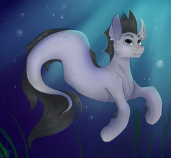 Size: 2164x2000 | Tagged: safe, artist:magicbalance, oc, oc only, merpony, seapony (g4), bubble, crepuscular rays, fish tail, flowing tail, gray eyes, high res, male, ocean, seaweed, smiling, solo, swimming, tail, underwater, water
