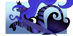 Size: 2952x1476 | Tagged: safe, artist:selcix, princess luna, alicorn, merpony, pony, seapony (g4), g4, blue background, blue eyes, crepuscular rays, crown, dorsal fin, female, fish tail, flowing mane, flowing tail, horn, jewelry, ocean, regalia, seaponified, seapony luna, simple background, smiling, solo, species swap, swimming, tail, transparent background, underwater, water
