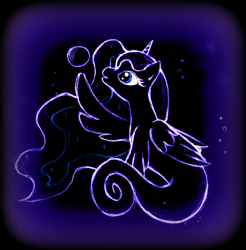 Size: 879x894 | Tagged: safe, artist:diuqil, princess luna, alicorn, pony, sea pony, g4, blue background, blue eyes, crown, dorsal fin, ethereal mane, eyelashes, female, fish tail, flowing mane, horn, jewelry, looking up, open mouth, regalia, seaponified, seapony luna, simple background, smiling, solo, sparkles, species swap, starry mane, tail, underwater, water, wings