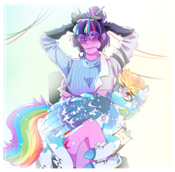 Size: 2010x1980 | Tagged: safe, artist:aaa-its-spook, rainbow dash, twilight sparkle, pegasus, pony, equestria girls, abstract background, alternate design, alternate hairstyle, arm behind head, behaving like a cat, blaze (coat marking), breasts, chest fluff, clipboard, clothes, coat markings, cute, cutie mark, cutie mark on equestria girl, cutie mark on human, dashabetes, ear fluff, facial markings, female, fluffy, glasses, gloves, goggles, hoof fluff, lab coat, latex, latex gloves, lesbian, looking at each other, mare, neck fluff, pencil, round glasses, shipping, sitting, sitting on lap, sweater, turtleneck, twidash, wing fluff, wings
