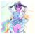 Size: 2010x1980 | Tagged: safe, artist:aaa-its-spook, rainbow dash, twilight sparkle, pegasus, pony, equestria girls, g4, abstract background, alternate design, alternate hairstyle, arm behind head, behaving like a cat, blaze (coat marking), breasts, chest fluff, clipboard, clothes, coat markings, cute, cutie mark, cutie mark on equestria girl, cutie mark on human, dashabetes, ear fluff, facial markings, female, fluffy, glasses, gloves, goggles, hoof fluff, lab coat, latex, latex gloves, lesbian, looking at each other, mare, neck fluff, pencil, round glasses, ship:twidash, shipping, sitting, sitting on lap, sweater, turtleneck, wing fluff, wings