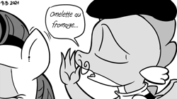 Size: 1200x675 | Tagged: safe, artist:pony-berserker, rarity, spike, dragon, pony, unicorn, g4, beret, clothes, dexter's laboratory, duo, eyes closed, female, french, grammar error, gratuitous french, halftone, hat, male, mare, omelette du fromage, reference, ship:sparity, shipping, shirt, speech bubble, straight