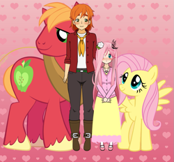 Size: 725x674 | Tagged: safe, artist:roseprincessmitia, big macintosh, fluttershy, butterfly, earth pony, human, pegasus, pony, g4, ascot, blushing, boots, clothes, female, flower, flower in hair, freckles, heart, height difference, humanized, jacket, kisekae, male, mary janes, pants, ship:fluttermac, shipping, shirt, shoes, straight, sweater