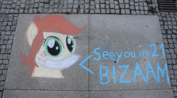 Size: 6000x3331 | Tagged: safe, artist:themisto97, oc, oc only, oc:canni soda, earth pony, pony, galacon, 2020, 2021, bizaam, chalk, chalk drawing, face mask, german, germany, harsher in hindsight, irl, mask, photo, solo, street art, text, traditional art