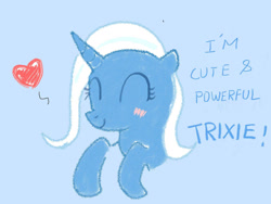 Size: 1280x960 | Tagged: safe, artist:foxy1219, trixie, pony, unicorn, g4, blue background, blushing, bust, cute, diatrixes, eyes closed, female, floppy ears, great and powerful, heart, mare, simple background, smiling, solo