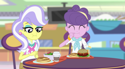 Size: 1550x850 | Tagged: safe, alternate version, artist:lightning_musicwave_safe, suri polomare, upper crust, equestria girls, g4, bracelet, burger, canterlot mall, clothes, coffee, cute, ear piercing, earring, eating, eyes closed, food, fork, jewelry, juice, necklace, pancakes, piercing, salad, suribetes