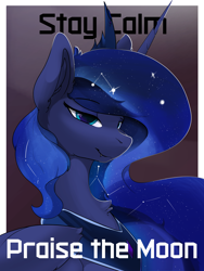 Size: 2650x3520 | Tagged: safe, artist:therealf1rebird, princess luna, alicorn, pony, g4, chest fluff, constellation, constellation hair, crown, cute, cute little fangs, ethereal mane, fangs, featured image, female, high res, horn, jewelry, keep calm, keep calm and carry on, lidded eyes, looking at you, mare, peytral, praise the moon, regalia, solo, starry mane, stars, wings