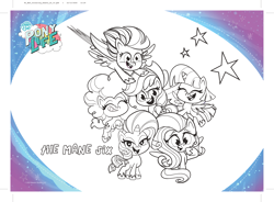 Size: 3875x2847 | Tagged: safe, part of a set, applejack, fluttershy, pinkie pie, rainbow dash, rarity, twilight sparkle, alicorn, earth pony, pegasus, pony, unicorn, g4.5, my little pony: pony life, official, activity sheet, coloring page, high res, mane six, my little pony logo, twilight sparkle (alicorn)