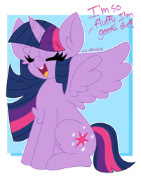 Size: 1280x1595 | Tagged: safe, artist:ladylullabystar, twilight sparkle, alicorn, pony, g4, chest fluff, dialogue, eyes closed, female, fluffy, mare, open mouth, sitting, solo, spread wings, twilight sparkle (alicorn), wings