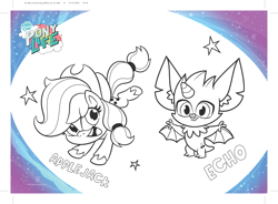 Size: 3875x2847 | Tagged: safe, part of a set, applejack, echo (g4.5), earth pony, pony, back to the present, g4, g4.5, my little pony: pony life, official, activity sheet, coloring page, duo, high res, my little pony logo