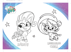 Size: 3875x2847 | Tagged: safe, part of a set, lightning chill, rarity, pony, unicorn, back to the present, g4, g4.5, my little pony: pony life, official, activity sheet, coloring page, duo, female, high res, mare, my little pony logo