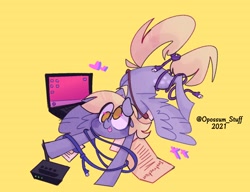 Size: 1408x1080 | Tagged: safe, artist:opossum-stuff, derpy hooves, pegasus, pony, g4, cable, computer, derp, ethernet, laptop computer, modem, router, solo, spread wings, tangled up, tongue out, wings