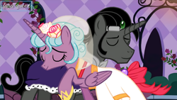 Size: 1920x1080 | Tagged: safe, artist:luna.queex, edit, edited screencap, idw, screencap, king sombra, radiant hope, alicorn, pony, unicorn, a canterlot wedding, g4, alicornified, clothes, dress, eyelashes, eyes closed, female, flower, flower in hair, good king sombra, grin, hoof shoes, hopecorn, horn, idw showified, indoors, male, mare, peytral, race swap, raised hoof, ship:hopebra, shipping, smiling, stallion, straight, wedding dress, wings