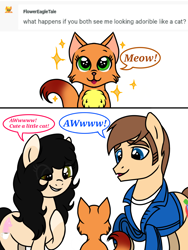 Size: 1536x2048 | Tagged: safe, artist:amgiwolf, oc, oc only, oc:amgi, oc:applewolf, cat, earth pony, pony, ask, clothes, dialogue, earth pony oc, female, grin, hoof on chest, male, mare, open mouth, smiling, stallion