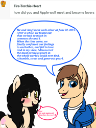 Size: 1200x1600 | Tagged: safe, artist:amgiwolf, oc, oc only, oc:amgi, oc:applewolf, earth pony, pony, ask, blushing, clothes, dialogue, duo, earth pony oc, female, male, mare, open mouth, smiling, stallion