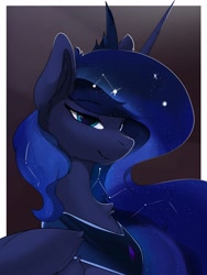 Size: 2635x3500 | Tagged: safe, alternate version, artist:therealf1rebird, princess luna, alicorn, pony, g4, bust, constellation, constellation hair, cute, cute little fangs, ethereal mane, fangs, female, high res, horn, looking at you, lunabetes, mare, portrait, solo, starry mane, stars, wings