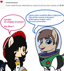 Size: 1200x1344 | Tagged: safe, artist:amgiwolf, oc, oc only, oc:amgi, oc:applewolf, earth pony, pony, ask, buzz lightyear, clothes, cosplay, costume, dialogue, duo, earth pony oc, female, hat, male, mare, open mouth, smiling, stallion, toy story, woody