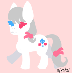 Size: 3522x3559 | Tagged: safe, artist:switcharoo, oc, oc only, oc:maple iys, earth pony, pony, art trade, bow, female, hair bow, heterochromia, high res, mare, pink background, simple background, solo, tail bow