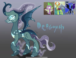 Size: 2185x1668 | Tagged: safe, artist:caramelbolt24, nightmare moon, spike, thorax, oc, oc:dragonfly, alicorn, changedling, changeling, dragon, hybrid, pony, g4, cloven hooves, crack ship offspring, curved horn, female, horn, interspecies offspring, king thorax, magical threesome spawn, male, mare, multiple parents, offspring, parent:nightmare moon, parent:spike, parent:thorax, screencap reference, signature, winged spike, wings