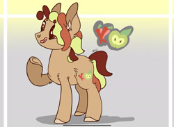 Size: 2278x1668 | Tagged: safe, artist:caramelbolt24, oc, oc only, earth pony, pony, abstract background, colored hooves, ear fluff, earth pony oc, magical lesbian spawn, male, offspring, open mouth, parent:applejack, parent:pinkie pie, parents:applepie, raised hoof, signature, solo, stallion