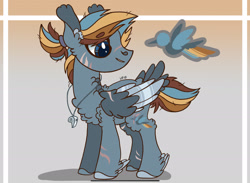 Size: 2284x1668 | Tagged: safe, artist:caramelbolt24, oc, oc only, pegasus, pony, abstract background, chest fluff, colored hooves, ear fluff, feathered fetlocks, jewelry, magical lesbian spawn, male, necklace, offspring, parent:applejack, parent:rainbow dash, parents:appledash, pegasus oc, signature, smiling, solo, stallion, wings