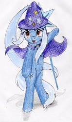 Size: 2343x3966 | Tagged: safe, artist:40kponyguy, derpibooru exclusive, trixie, pony, unicorn, g4, bipedal, cape, chest fluff, clothes, cutie mark background, ear fluff, female, hat, high res, looking at you, mare, simple background, solo, traditional art, trixie's cape, trixie's hat