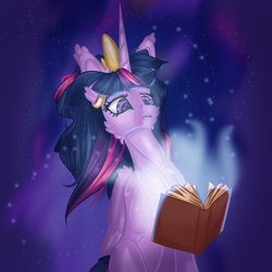 Size: 4000x4000 | Tagged: safe, artist:sugarypolecat, twilight sparkle, alicorn, pony, g4, book, cheek fluff, crown, ear fluff, horn, jewelry, magic, multicolored hair, purple eyes, regalia, solo, twilight sparkle (alicorn), wings