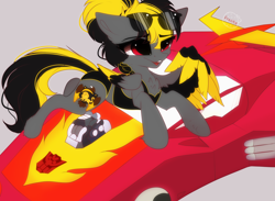 Size: 4500x3291 | Tagged: safe, artist:krissstudios, oc, oc only, pegasus, pony, bikini, car, clothes, female, hot rod, mare, solo, sports bra, sports panties, sunglasses, swimsuit, transformers, two toned wings, wings