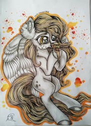 Size: 740x1024 | Tagged: safe, artist:maryhoovesfield, oc, oc only, food pony, ice cream pony, pegasus, pony, abstract background, colored hooves, ear fluff, food, hoof hold, ice cream, ice cream cone, ponified, signature, traditional art, wings