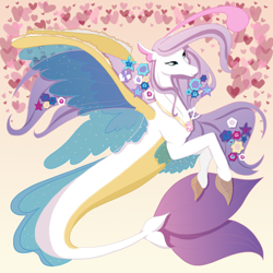 Size: 2000x2000 | Tagged: safe, artist:kalimoo-art, oc, oc only, seapony (g4), blue eyes, collar, dorsal fin, eyelashes, female, fin wings, fins, fish tail, flower, flowing mane, flowing tail, heart, high res, jewelry, necklace, pearl necklace, seashell, simple background, smiling, solo, tail, wings, yellow background