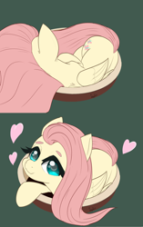 Size: 1280x2043 | Tagged: safe, artist:inkypuso, fluttershy, pegasus, pony, behaving like a cat, curled up, cute, daaaaaaaaaaaw, female, folded wings, heart, if i fits i sits, looking at you, looking up, looking up at you, lying down, mare, nap, pet bed, prone, shyabetes, sleeping, smiling, solo, wings