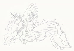 Size: 2055x1419 | Tagged: safe, artist:creamecream, princess celestia, queen novo, alicorn, classical hippogriff, hippogriff, pony, g4, my little pony: the movie, beak, claws, collar, colored pupils, crown, feather, female, hoof shoes, horn, jewelry, lesbian, novolestia, regalia, shipping, simple background, smiling, sparkles, tail, traditional art, white background, wings