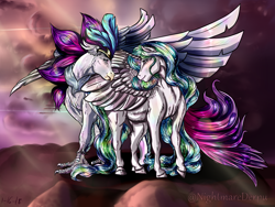 Size: 2000x1500 | Tagged: safe, artist:nightmarederpy, princess celestia, queen novo, alicorn, classical hippogriff, hippogriff, pony, g4, my little pony: the movie, beak, claws, collar, crepuscular rays, crown, ethereal mane, feather, female, flowing tail, horn, jewelry, lesbian, looking at each other, novolestia, regalia, shipping, sky, smiling, sparkles, spread wings, starry mane, sunlight, tail, wings
