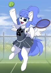 Size: 2481x3507 | Tagged: safe, artist:arctic-fox, oc, oc only, oc:snow pup, pegasus, pony, ball, clothes, female, high res, paw prints, skirt, solo, sports, tennis, tennis ball, tennis racket